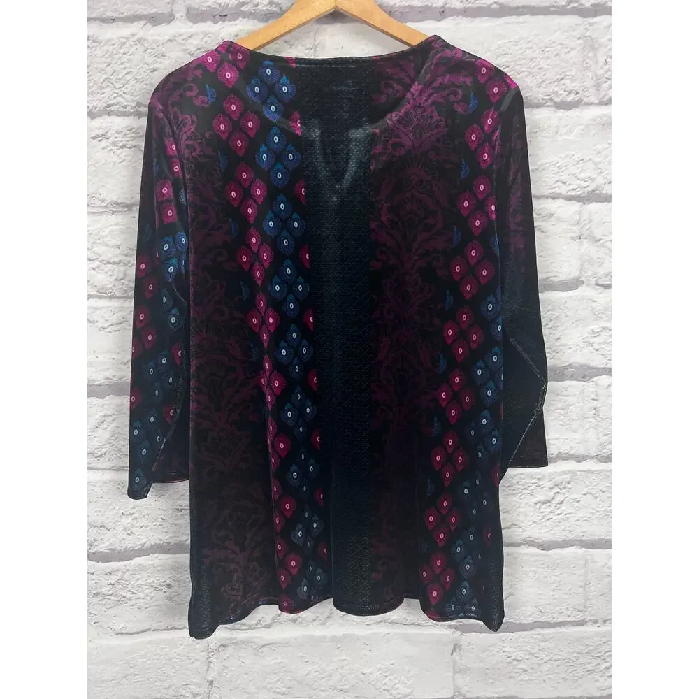 Chicos Womens L Whimsigoth Artsy Boho Eclectic Velvet Split V-Neck Tunic Top